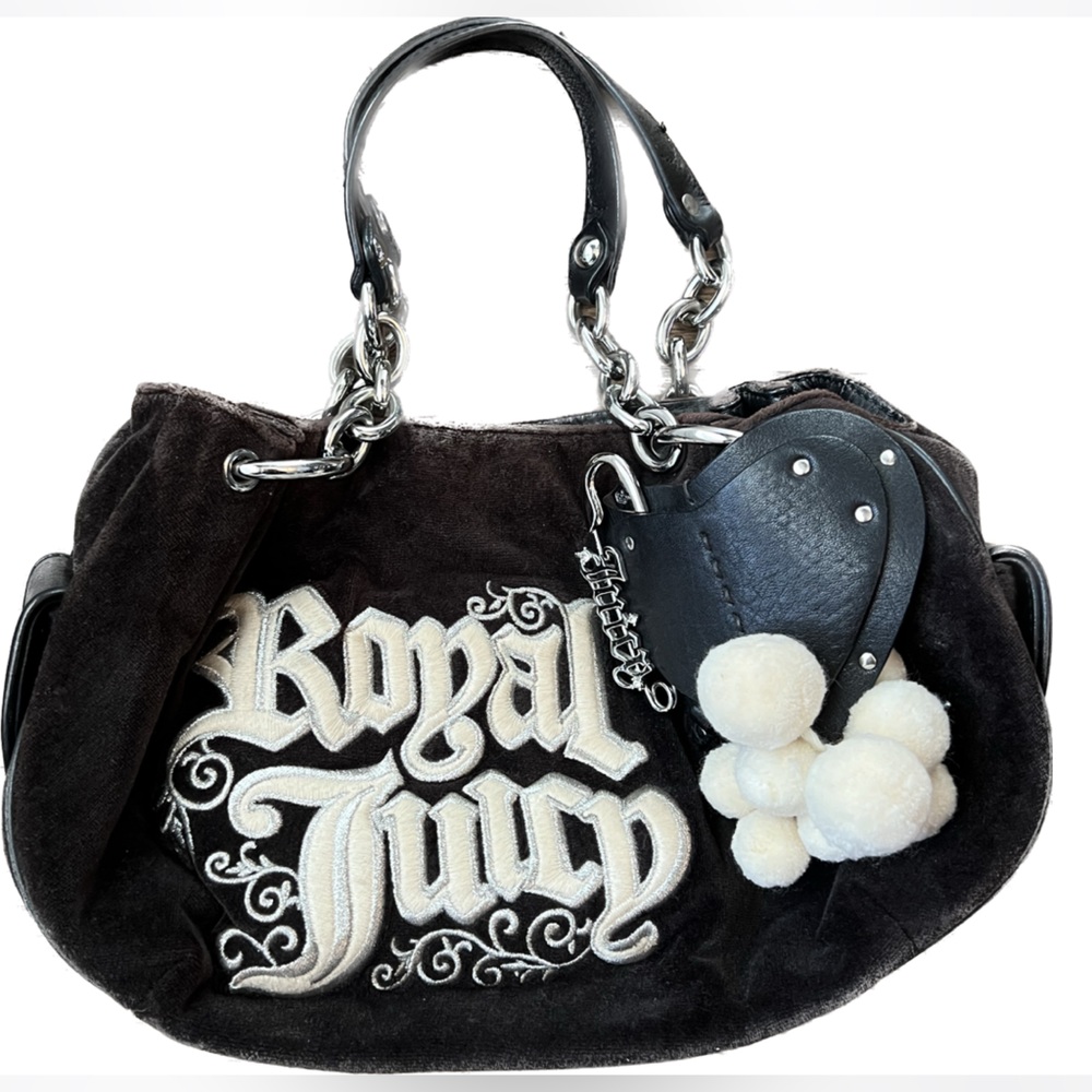RARE Vintage Y2K Juicy Couture Black Velour Purse with Chain Handles & Pom poms